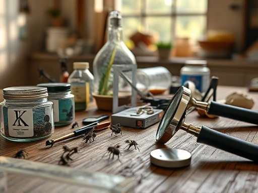 A close-up shot of a diverse collection of insect breeding tools and a magnifying glass on a rustic wooden table, with a soft, warm light from a window in the background, clean and organized.