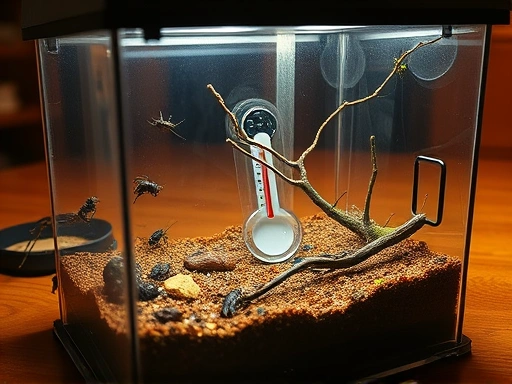 A clean, well-organized insect terrarium with various types of substrate, small branches, and a thermometer inside, on a wooden table, warm indoor lighting, focus on detail, natural feel.
