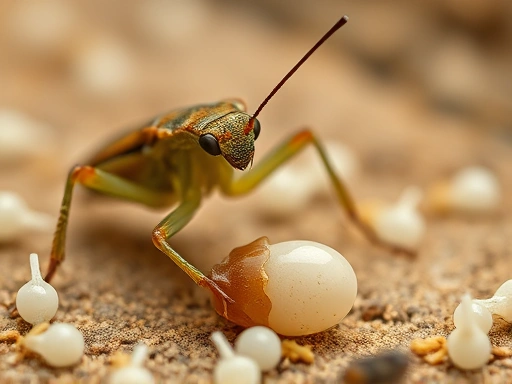 Close-up shot of a specific insect (e.g., a healthy beetle or praying mantis) laying eggs or tending to young, highlighting the delicate process of reproduction in a safe, controlled breeding environment.
