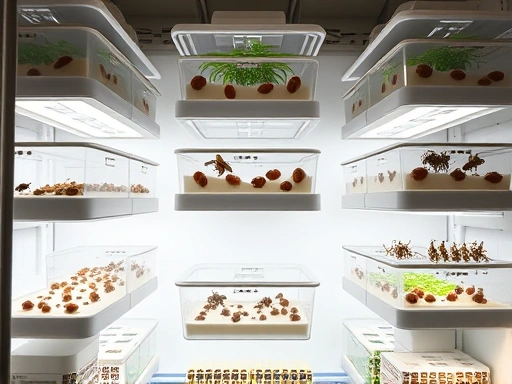 A modern, clean indoor vertical farming setup for insects, with multiple tiers of transparent breeding containers, soft LED lights, and a few healthy insects visible. Focus on efficient space utilization.