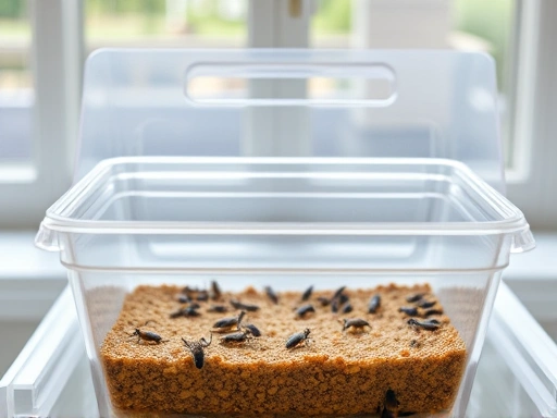 A clean and well-maintained insect breeding container with proper ventilation, symbolizing mold prevention. Focus on a clear plastic container with healthy substrate and happy insects inside, in a bright, airy environment. SEO keywords: insect container, mold prevention, healthy habitat, clean environment.