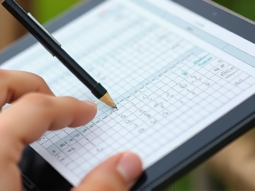 A close-up shot of a hand meticulously recording insect feeding data on a spreadsheet or a digital tablet, showing organized columns and clear data points, highlighting efficient data management.