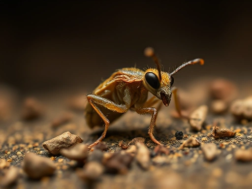 An extreme close-up of a tiny insect appearing shriveled and weak, lying on dry substrate, emphasizing its dehydrated state with a dark, muted background.