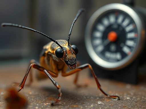 Close-up view of an insect in a humid, stable environment, illustrating careful monitoring during its diapause period, with a hygrometer in the background.