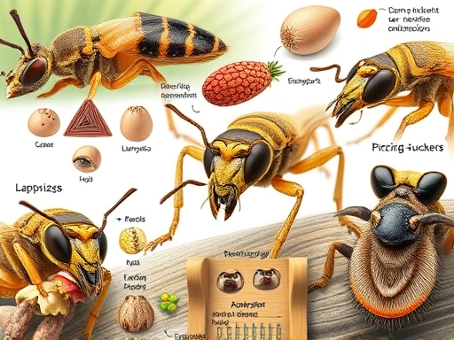 A detailed illustration of various insect mouthparts (chewing, piercing-sucking, lapping) demonstrating their adaptation to different food sizes, set against a backdrop of diverse food sources in a natural environment.