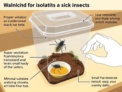 A close-up, clear illustration depicting the setup for isolating a sick insect in a transparent container, with proper ventilation, minimal substrate, and a small food and water dish, emphasizing cleanliness and careful handling.