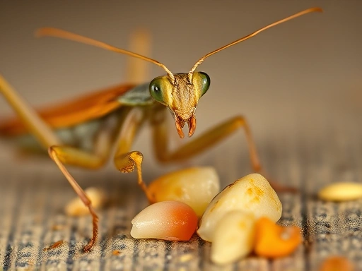 A close-up shot of a single insect, perhaps a stag beetle larva or a praying mantis, looking lethargic or exhibiting a specific symptom like shrunken body or unusual posture near untouched food, emphasizing the visual signs of food refusal. Focus on the insect's subtle details and signs of discomfort.