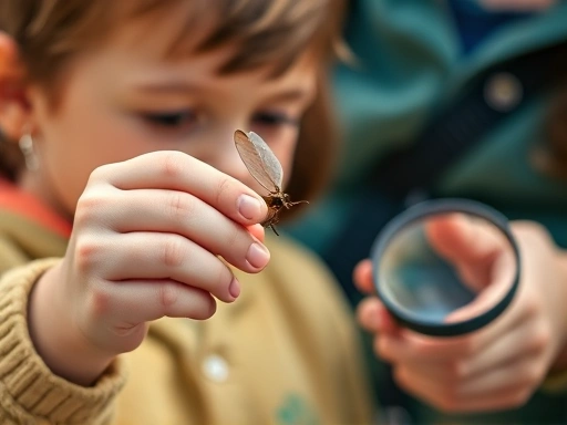 Close-up shot of a child gently holding a stick insect under the guidance of an educator, with a magnifying glass nearby, emphasizing hands-on learning and observation.