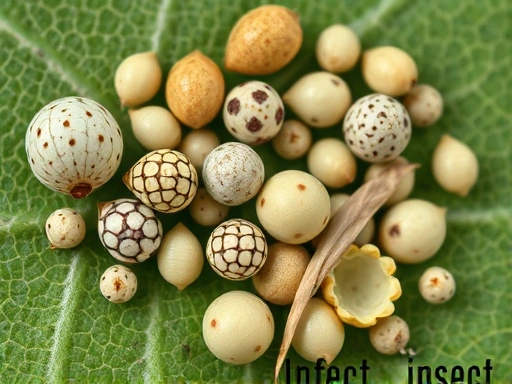 A detailed close-up shot of various insect eggs on a leaf, highlighting intricate patterns and diverse shapes, perfect for an insect egg collection guide.