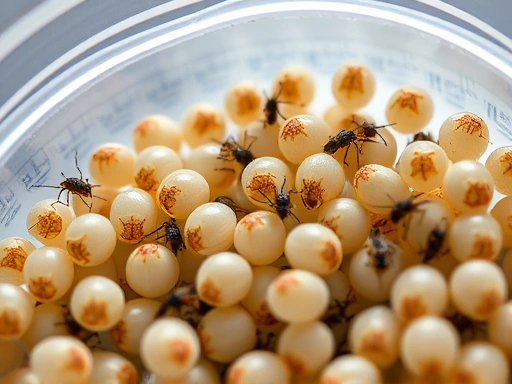 A detailed close-up shot of various insect eggs neatly arranged in a transparent container with a gentle, controlled light, emphasizing their delicate structures for insect egg management. Macro photography style.