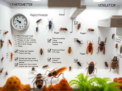 A detailed checklist for insect rearing environment problems, featuring various insects in their enclosures, with elements of thermometer, hygrometer, and ventilation systems, in a clean, well-maintained setting, macro lens style.