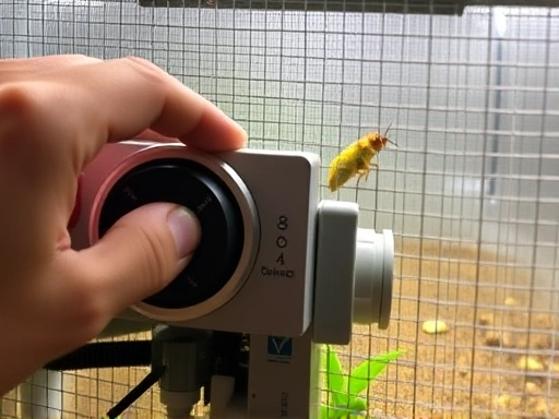 Close-up view of a hand adjusting a thermostat inside an insect enclosure, with a healthy insect visible in the background, focusing on the details of environmental control tools.