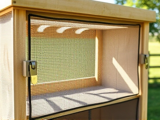 A detailed, secure insect enclosure with small mesh and strong latches, illuminated by soft natural light, highlighting safety features. Focus on robust materials and clear design.