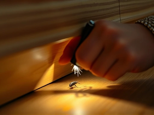 Close-up of a person carefully using a flashlight to search for a hidden insect under furniture, with a small net or container ready for capture. Emphasize focused attention and gentle tools.