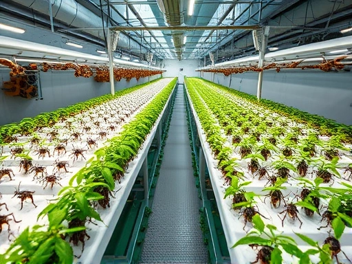 An aerial view of a modern, clean insect farm with controlled environments for large-scale breeding, focusing on sustainability and efficiency.