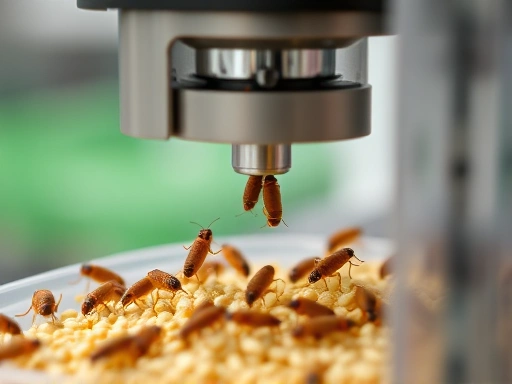 Close-up view of an automated insect feeder, showing small insects (like mealworms or crickets) feeding from a dispenser. Emphasize the precision mechanism, sensors, and the healthy, active insects, highlighting the benefits of automated insect nutrition delivery.