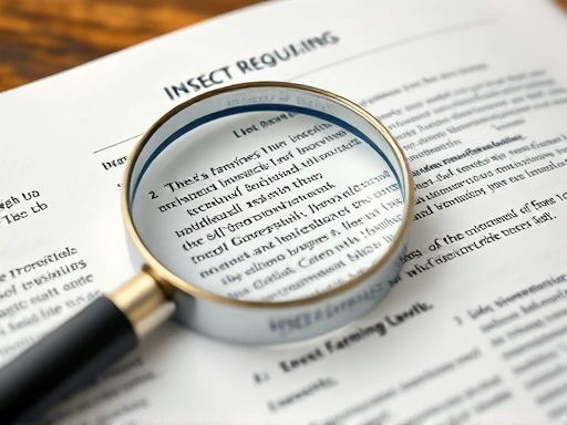A detailed close-up shot of a legal textbook or government regulation document, with a magnifying glass over text related to insect farming permits or environmental protection, emphasizing careful review and legal diligence in the context of insect farming business.
