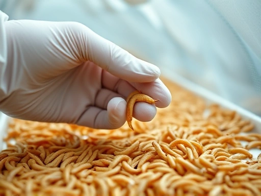 A close-up shot of a hand wearing a sterile glove, carefully inspecting small, farmed mealworms inside a clean, controlled environment, focusing on hygiene and quality control for insect food safety.