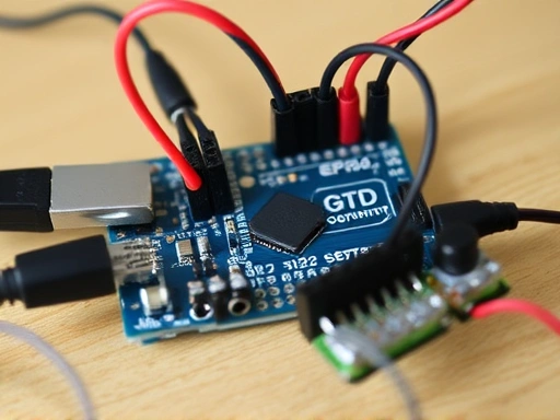 Close-up of small electronic components: a microcontroller board (e.g., Arduino Uno or ESP32) connected to various environmental sensors like a DHT22 temperature-humidity sensor and a load cell, with wires neatly arranged.
