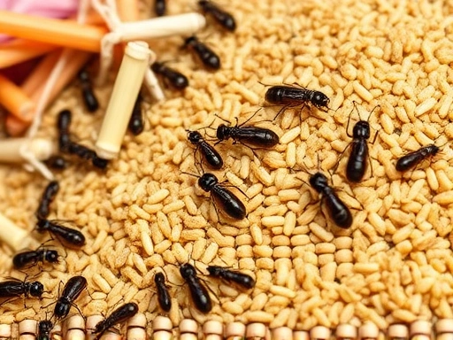 A detailed, illustrative image of various cost-effective insect feed alternatives like vegetable scraps, grains, and spent brewery grains, with insects (crickets, mealworms) feeding on them. The scene should highlight resourcefulness and sustainability in an insect farm setting. Focus on natural light and clear textures of the feed items, demonstrating the variety of ingredients.