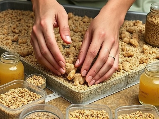 A close-up shot of hands carefully handling a tray of mushroom mycelium growing on substrate, surrounded by small containers of fermented feed, emphasizing the detailed and scientific aspect of insect feed preparation. The focus is on the textures and natural elements, with soft, diffused lighting.