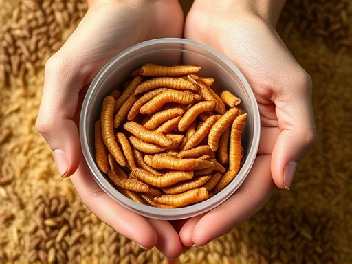 A close-up shot focusing on hands gently holding a small container filled with thriving mealworms, surrounded by dry feed, illustrating the direct interaction and the healthy condition of the cultivated insects for a self-sufficient system.