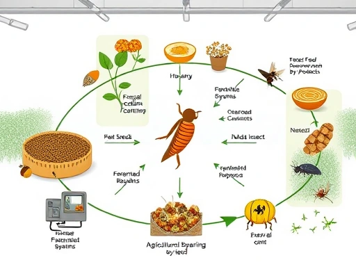 A detailed schematic illustration of an insect feed cultivation and self-sufficiency system, showing various feed sources like fungal mycelium, fermented grains, and agricultural by-products, connected to insect rearing units in a sustainable loop. The image should convey efficiency and innovation in a clean, modern setting with bright lighting.