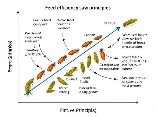 A detailed scientific diagram illustrating the correlation between various feed components and insect growth rate, with clear labels and arrows indicating cause-and-effect relationships, focusing on feed efficiency principles.