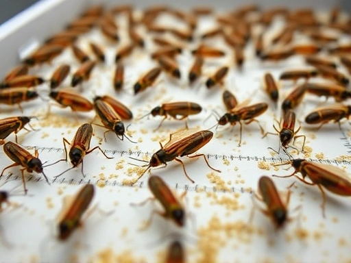 Close-up view of insects in a controlled laboratory setting, with different feed types being measured and analyzed, highlighting the meticulous process of optimizing insect feed efficiency and growth rate for research purposes.