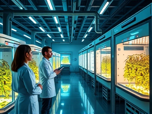 A futuristic laboratory scene with scientists observing insect farming bioreactors, integrating AI interfaces and digital displays, representing advanced insect feed research and new technologies.
