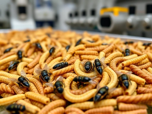 Close-up of various insect species (e.g., black soldier fly larvae, mealworms) being processed into high-quality feed, with scientific instruments and advanced machinery in the background, highlighting the nutritional aspect.
