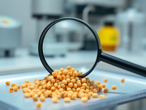 A close-up of a magnifying glass inspecting a small pile of insect feed pellets on a laboratory tray, with a blurred background of lab equipment, emphasizing precision and careful inspection. Highlight the texture and uniformity of the feed, focusing on 'feed quality' and 'selection criteria'.