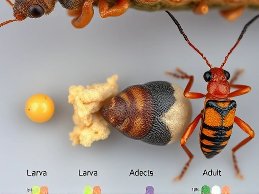 A detailed close-up shot of various insect growth stages, including a tiny egg, a developing larva on its specific food (e.g., a beetle larva on fermented sawdust), a motionless pupa, and a vibrant adult insect, emphasizing the distinct physical forms and dietary needs at each stage.
