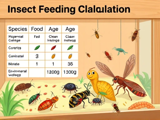 A detailed illustration of an insect feeding calculation chart, showing different factors like species, age, and environment impacting food intake, with various insects happily eating in a clean enclosure. The scene is bright and educational, emphasizing healthy insect care.