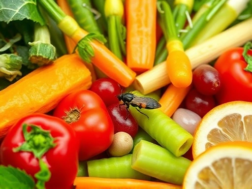 A close-up, vibrant image showing a variety of fresh, colorful vegetables and fruits, neatly arranged for insect consumption, illustrating insect diet diversity with a focus on healthy and natural foods.