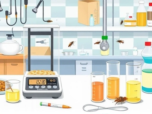 A detailed scientific illustration of a laboratory setting with various tools for measuring insect food intake, including a precise electronic balance and measuring vials, emphasizing accuracy and scientific rigor.