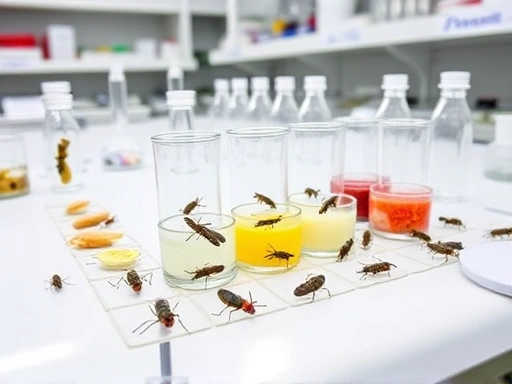 A detailed scientific setup for an insect food preference choice test in a laboratory, showing various food samples and insects. High precision, clear lighting.