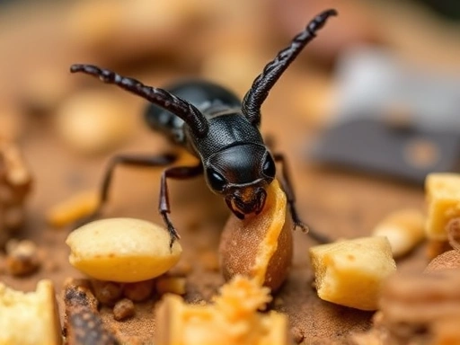 A close-up shot of a small, healthy insect like a stag beetle larva happily eating its specialized food in a well-maintained habitat, emphasizing optimal feeding practices and care.