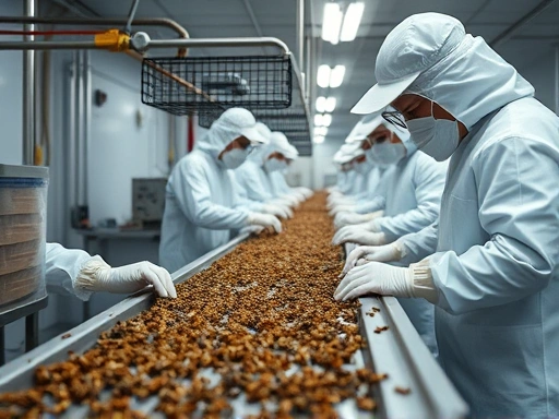 Detailed shot of an insect food processing line, highlighting sterile equipment and workers in protective gear, focusing on hygiene and quality control during insect food handling.