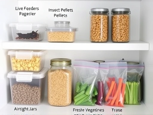 A clean, organized storage area for various insect foods, including clear containers for live feeders, airtight jars for dried pellets, and small bags of fresh vegetables, illustrating effective freshness maintenance.