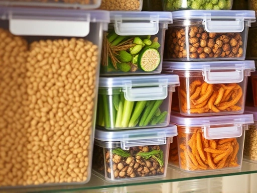 A close-up shot of various types of insect food (dry pellets, fresh vegetables, live mealworms) meticulously organized in airtight containers on a shelf, demonstrating proper storage for an insect enthusiast, with a warm, natural light. 