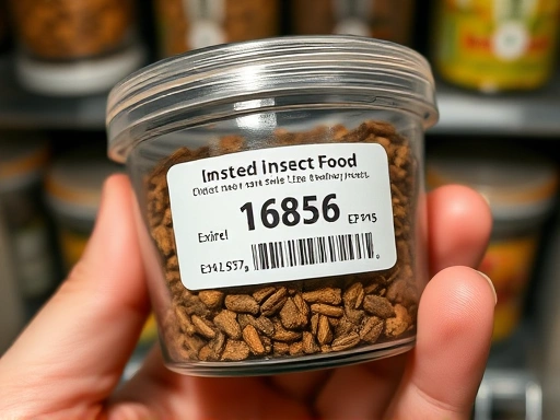 A detailed close-up of a small, labeled container of dried insect food with a clear expiration date, emphasizing effective shelf-life management and freshness, possibly with a hand holding it and a blurred background of a storage pantry. 