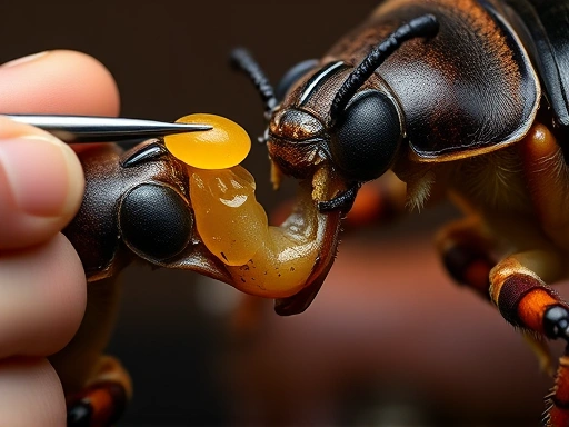 Detailed view of a person using small tweezers to offer a tiny piece of fruit gel to a large pet beetle's mouthparts, showcasing the delicate act of forced feeding with emphasis on precision and care.