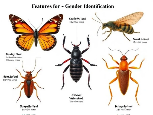 An illustration showing various insects with highlighted features for gender identification, like a butterfly with distinct wing patterns, a beetle with horns, and a cricket with an ovipositor, clear and informative.