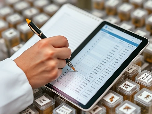 A close-up shot focusing on a meticulous record-keeping process for insect lineage, showing a hand writing notes on a detailed logbook or using a tablet with breeding data software, surrounded by small, labeled insect containers, emphasizing the scientific method and careful tracking for genetic management.