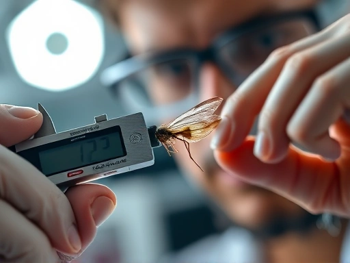 A detailed close-up shot of a scientist using a digital caliper to measure the wing length of a small, preserved insect under a bright, focused light, with scientific tools blurred in the background, conveying precision and research, incorporating insect size change keywords.