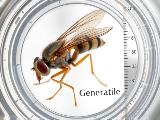 A close-up, high-magnification shot of a live insect, possibly a fruit fly, inside a controlled transparent container, with a tiny ruler or scale bar next to it, illustrating meticulous observation for generational size changes, emphasizing scientific methodology.