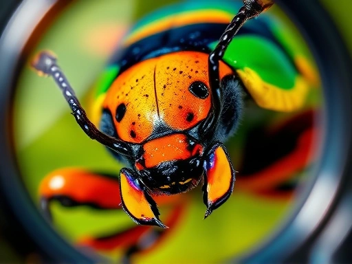 A close-up, vibrant image of a colorful beetle with distinct genetic traits, observed under a magnifying glass, in a natural light setting, highlighting the intricate patterns and colors. (insect genetic trait observation, selective breeding)