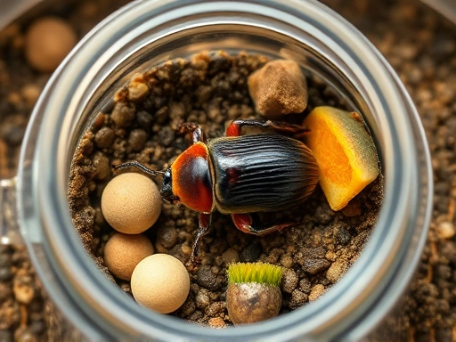 A detailed top-down view of a small, healthy beetle larva thriving in its habitat within a clear plastic container, surrounded by fresh substrate and a piece of nutrient-rich food. The scene should be well-lit, showing vibrant colors and healthy insect body. SEO keywords: insect growth, healthy larva, beetle rearing, insect habitat.