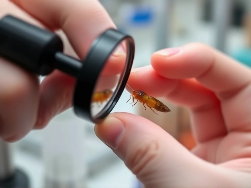 A close-up shot of a researcher's hands gently inspecting a small, slightly undersized insect larva, using a magnifying glass to check for any signs of disease or pest. The background shows scientific equipment or a clean rearing environment. Emphasize the detailed observation and care. SEO keywords: insect health check, larval development, insect care, disease detection.